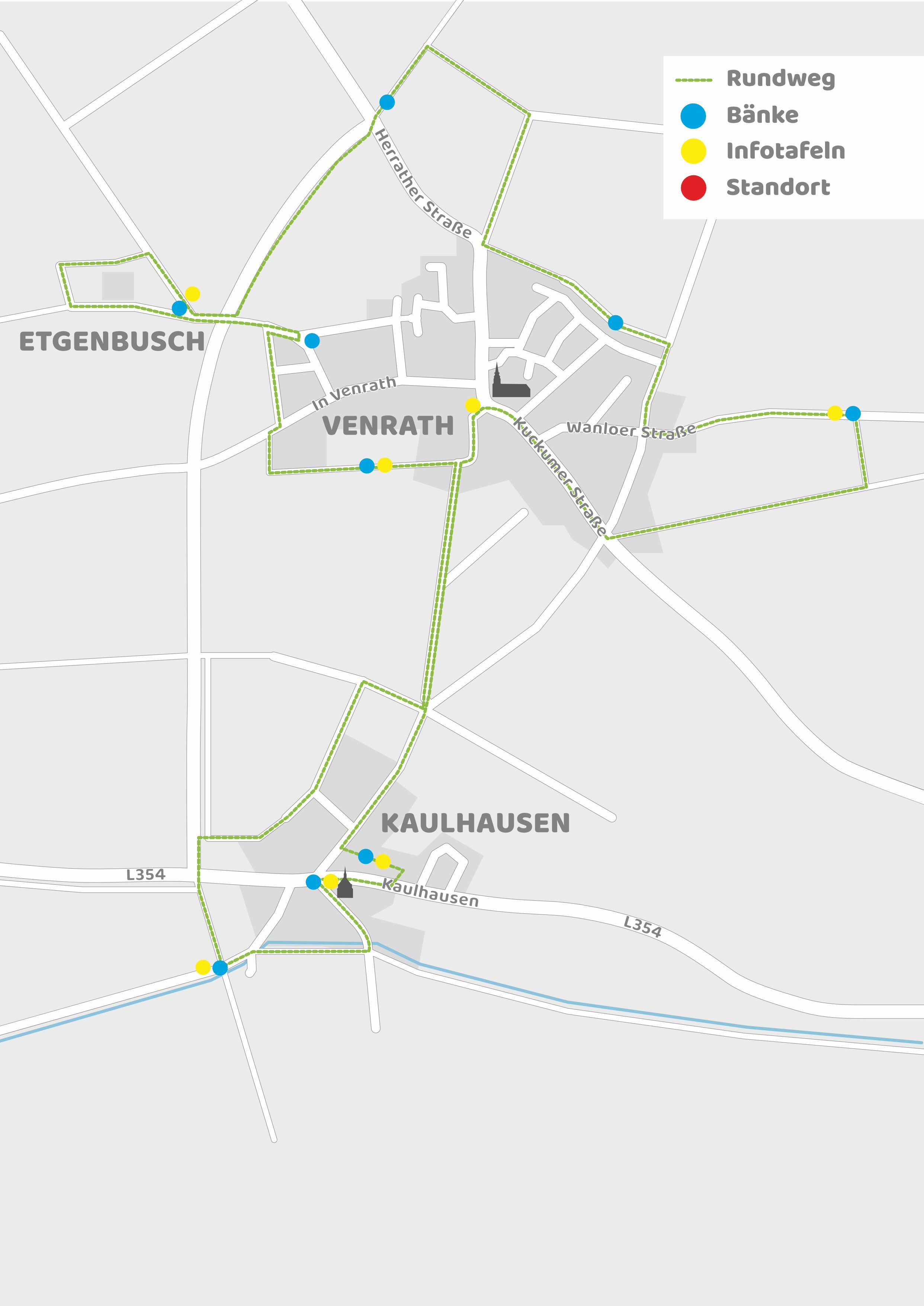 Rundweg-Karte Die ausgeschilderte 8,2 Kilometer lange Route führt durch und um die beiden benachbarten Dörfer und umschließt auch die kleine Siedlung Etgenbusch.