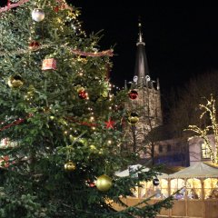 geschmückter Tannenbaum beim Adventsdorf