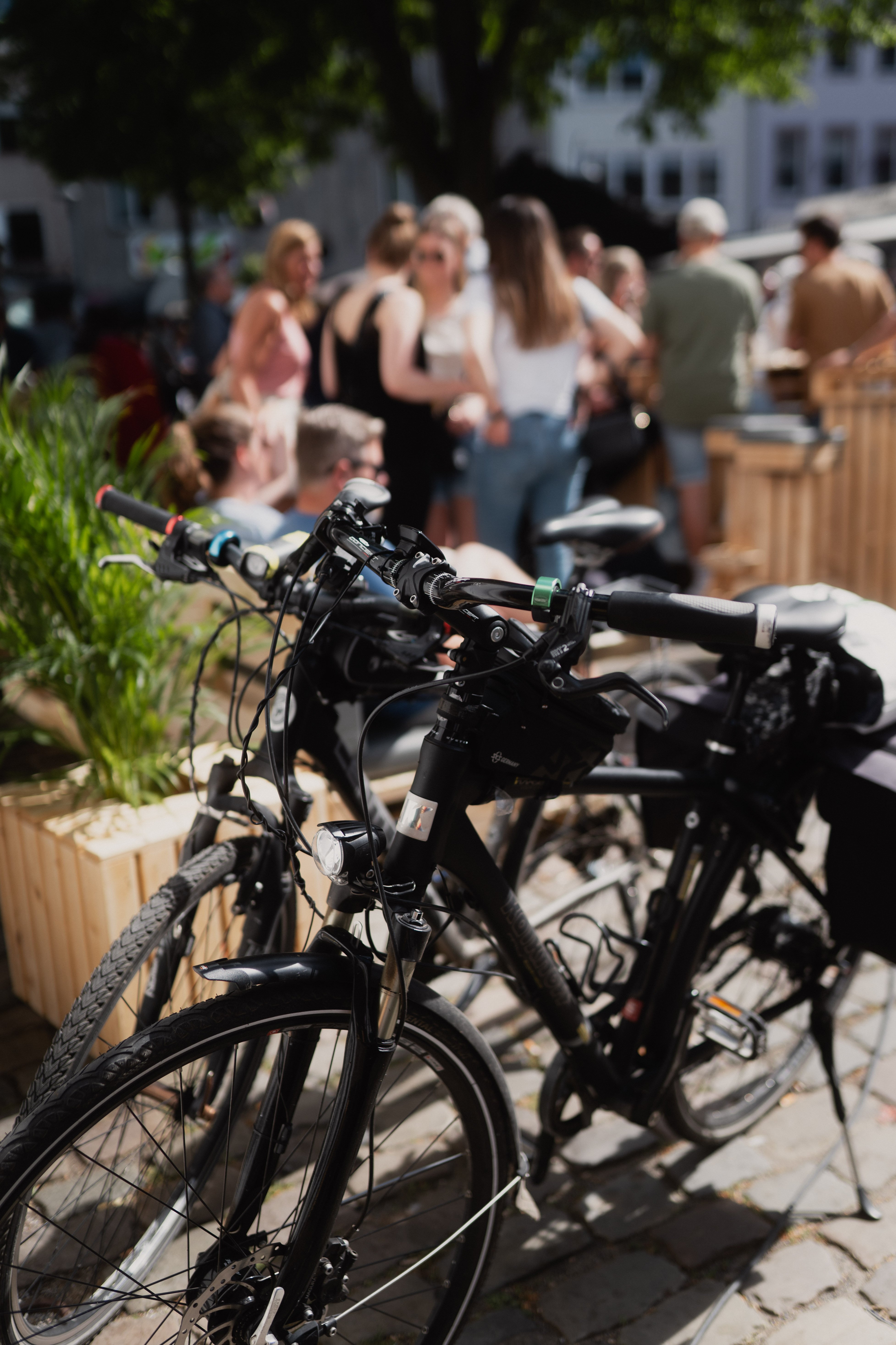 Im Vordergrund stehen Fahrräder, im Hintergrund Besucherinnen und Besucher