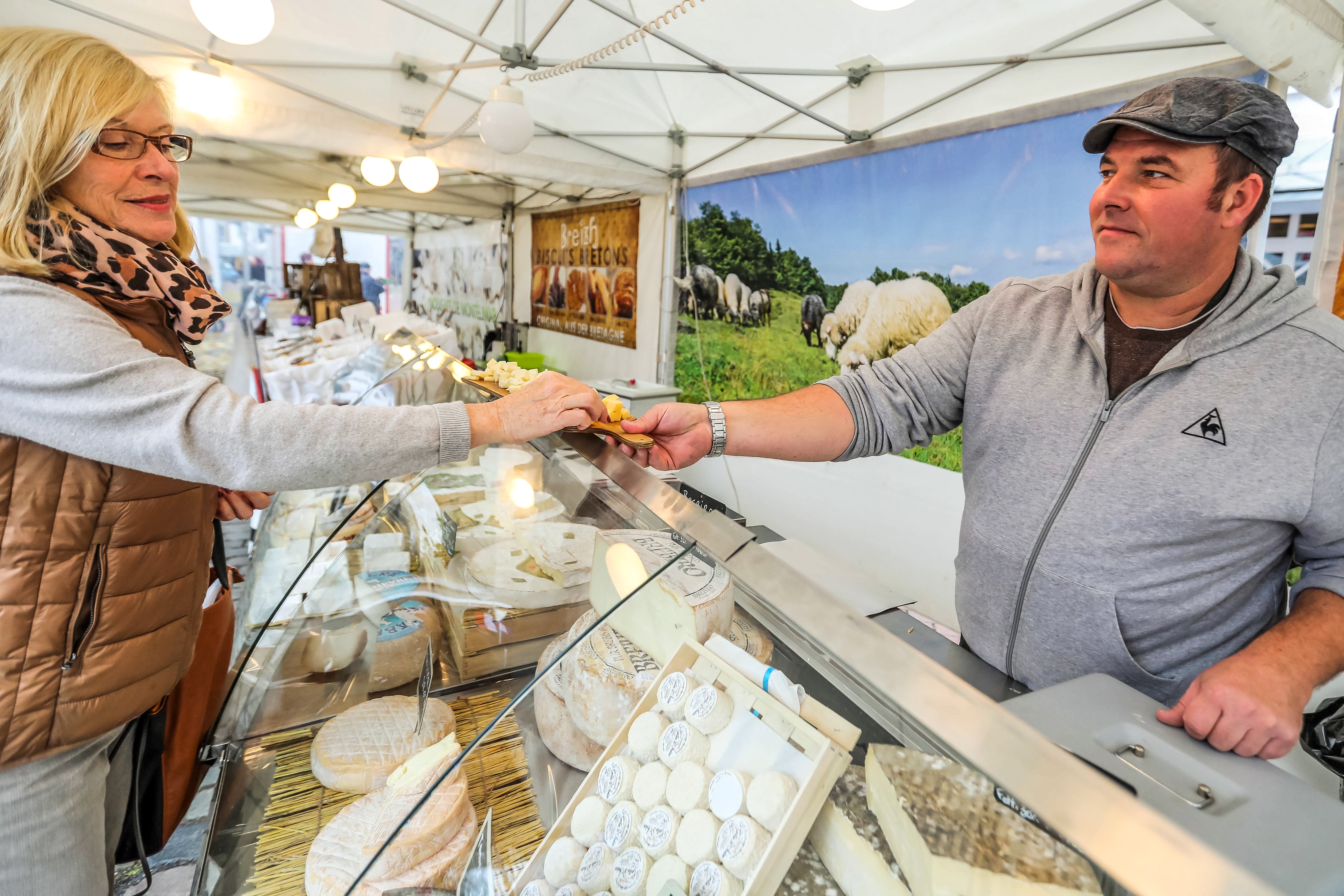 Eine Person kauft Käse beim Französischen Markt