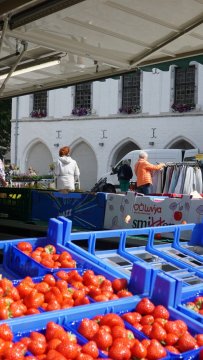 Gemüsemarkt mit frischen Erdbeeren und Bekleidung.