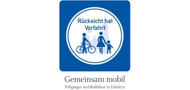 Aufkleber weißes Schild auf blauem Hintergrund: "Rücksicht hat Vorfahrt - Gemeinsam mobil, Fußgänger und Radfahrer in Erkelenz"