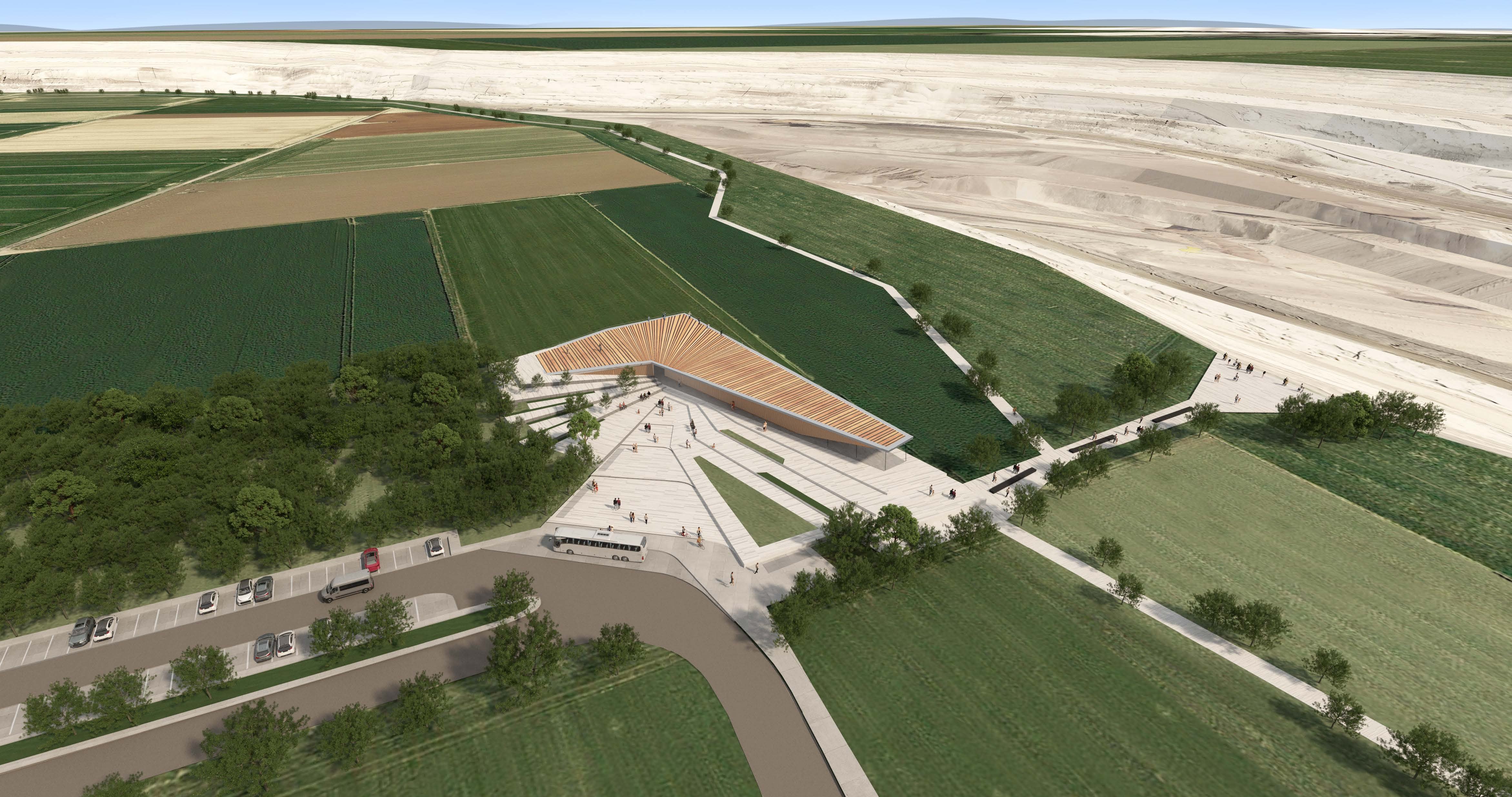 Der preisgekrönte Entwurf für das Dokumentationszentrum Tagebau Garzweiler: Besucherinnen und Besucher werden auf dem „Platz der Schichten“ empfangen. Geplant sind auch eine begehbare Dachterrasse sowie Lehrpfade auf dem Außengelände. 