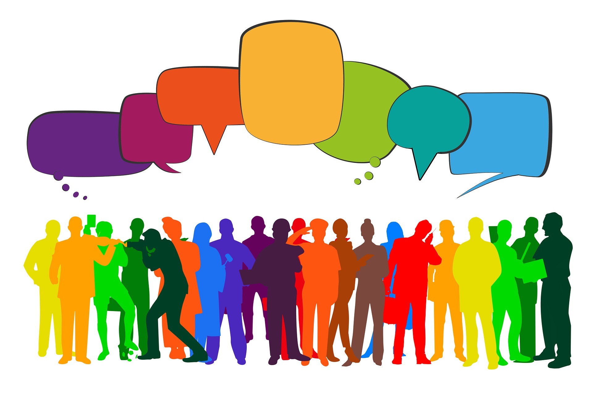 Grafik: Verschiedenfarbige Silhouetten von Menschen und Sprechblasen