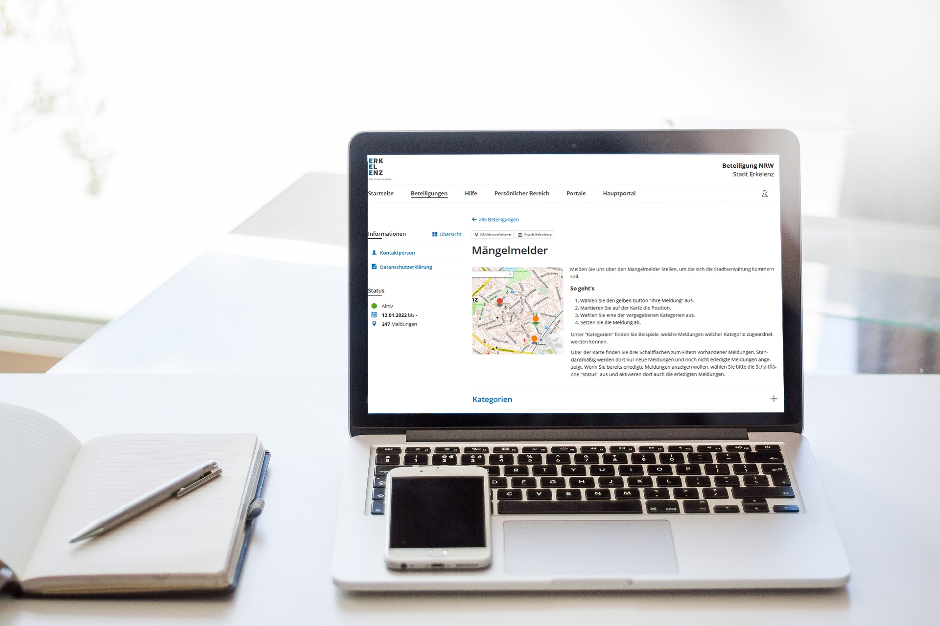 Symbolbild: Laptop mit geöffnetem Mängelmelder