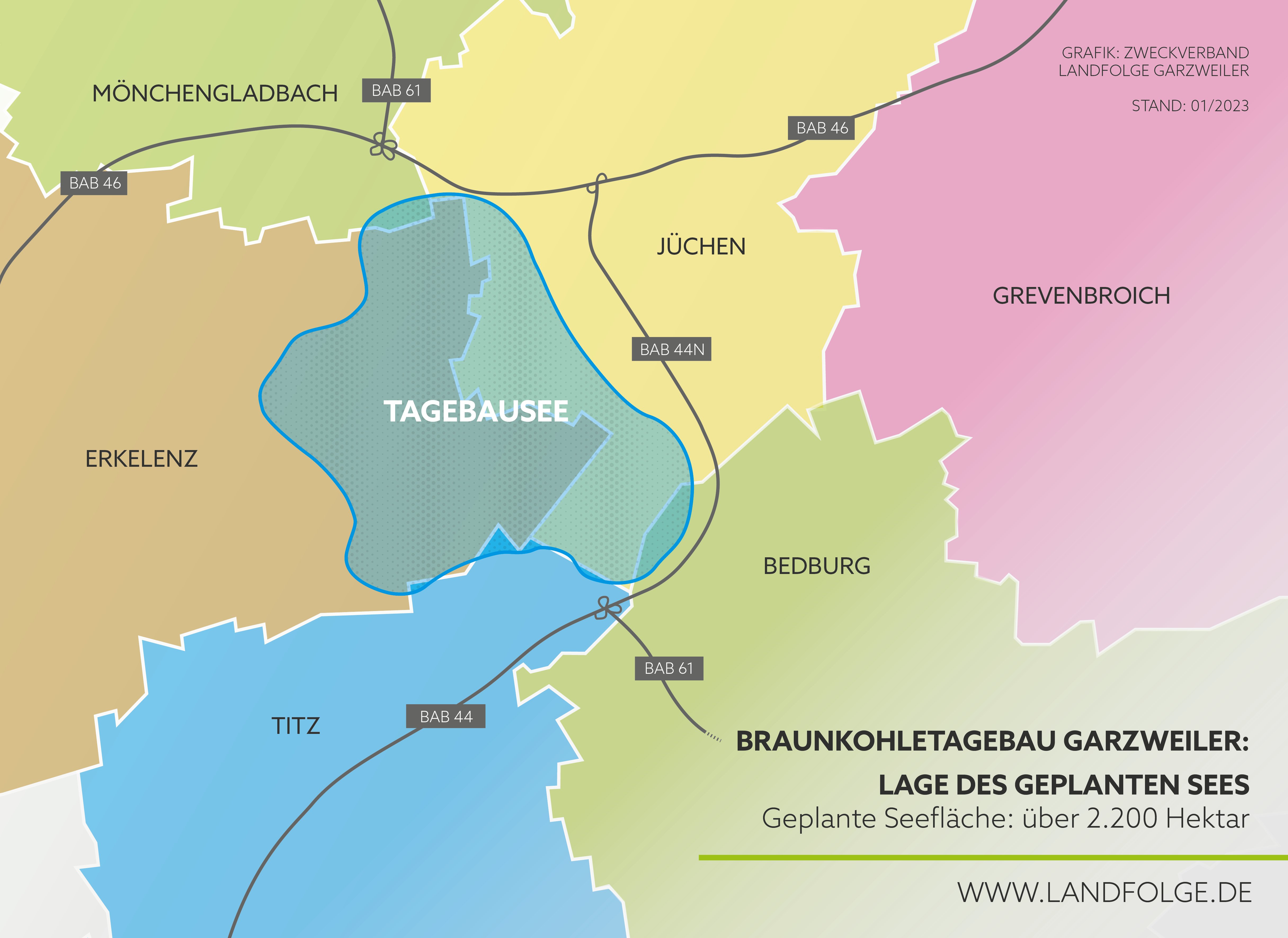 Grafik: Geplanter Tagebausee über die Fläche von 5 Kommunen