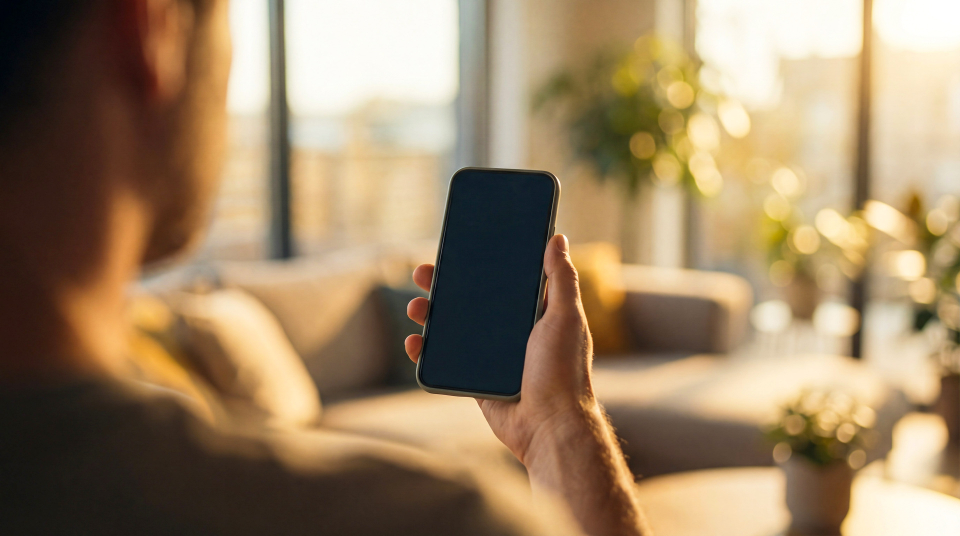 Man holding smartphone with blank screen in cozy living room at golden hour. Over shoulder mobile phone mockup for app design, digital lifestyle and smart home.