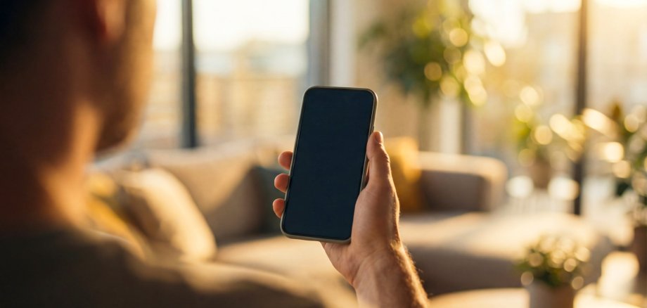 Man holding smartphone with blank screen in cozy living room at golden hour. Over shoulder mobile phone mockup for app design, digital lifestyle and smart home. Man holding smartphone with blank screen in cozy living room at golden hour. Over shoulder mobile phone mockup for app design, digital lifestyle and smart home.