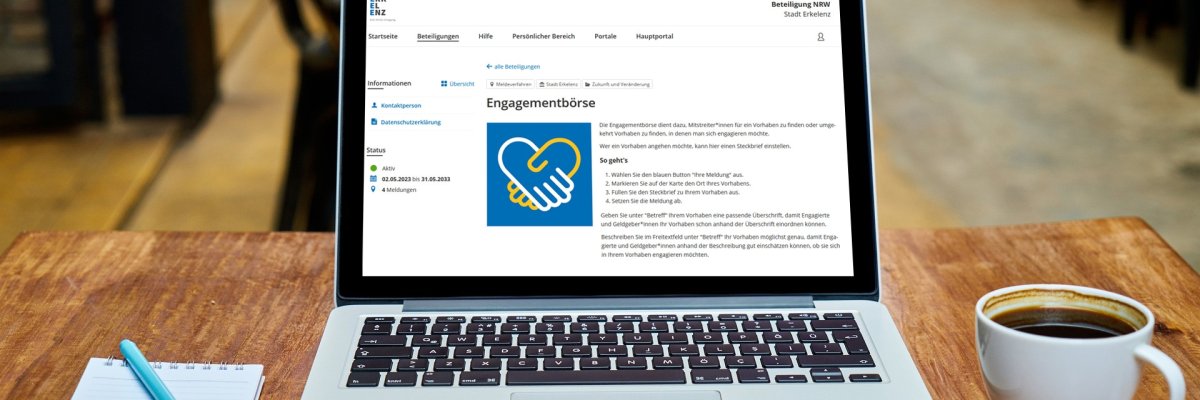 Laptop auf einem Tisch, auf dem Bildschirm ist die Engagement-Börse zu sehen
