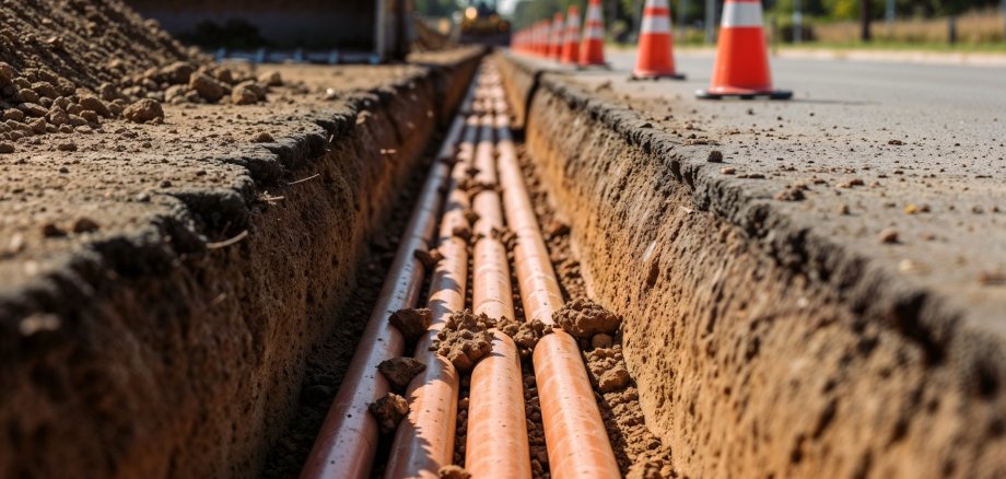 Construction site shows digging trench for laying pipes. Digging trench process includes laying pipes alongside road for utilities or cables.