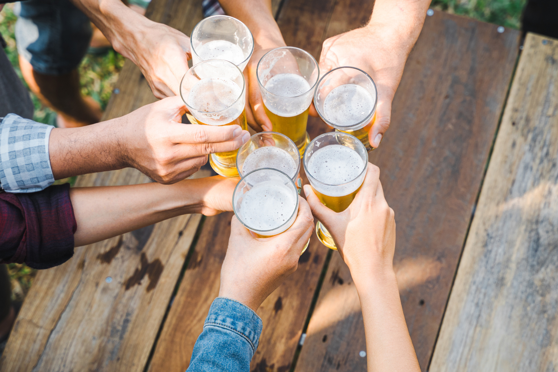Cropped shot of people holding beer glasses celebrating in the summer camping party outdoor. Friends clinking bottle of beer during camping outdoor Cropped shot of people holding beer glasses celebrating in the summer camping party outdoor. Friends clinking bottle of beer during camping outdoor