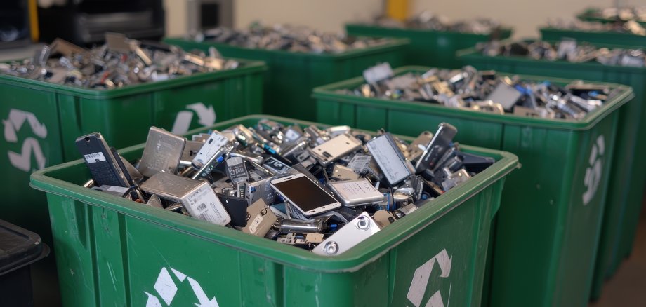 Electronic waste collection point, with labeled bins for batteries, old phones, and chargers, promoting responsible recycling, [Electrical recycling], [community e-waste recycling]