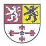 Wappen Kreis Heinsberg: Das Wappen ist geteilt und oben gespalten; oben vorn in Rot ein gekrönter, zweigeschwänzter silberner (weißer) Löwe, hinten in Gold (Gelb) ein schwarzer Löwe; unten in Silber (Weiß) ein schwebendes liegendes rotes Lilienkreuz, belegt mit einer fünfblättrigen blauen Flachsblüte. 