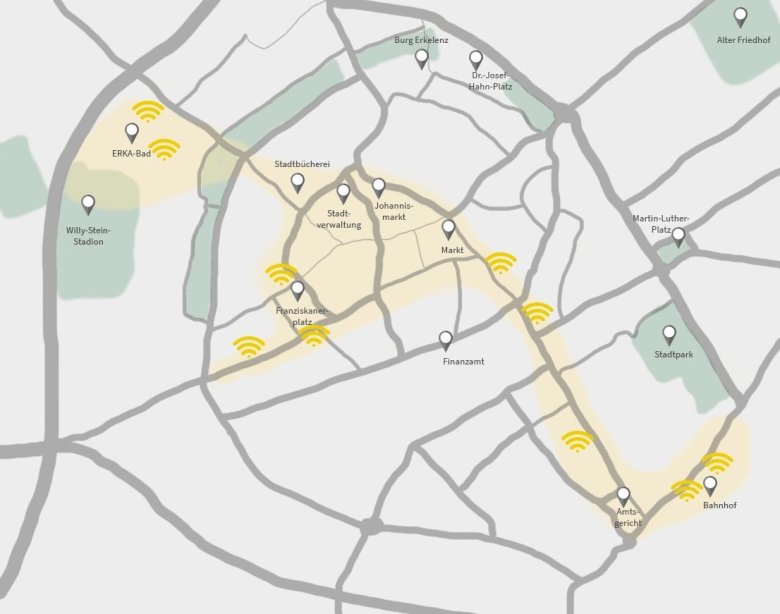 Karte der Erkelenzer Innenstadt mit WLAN Access Points