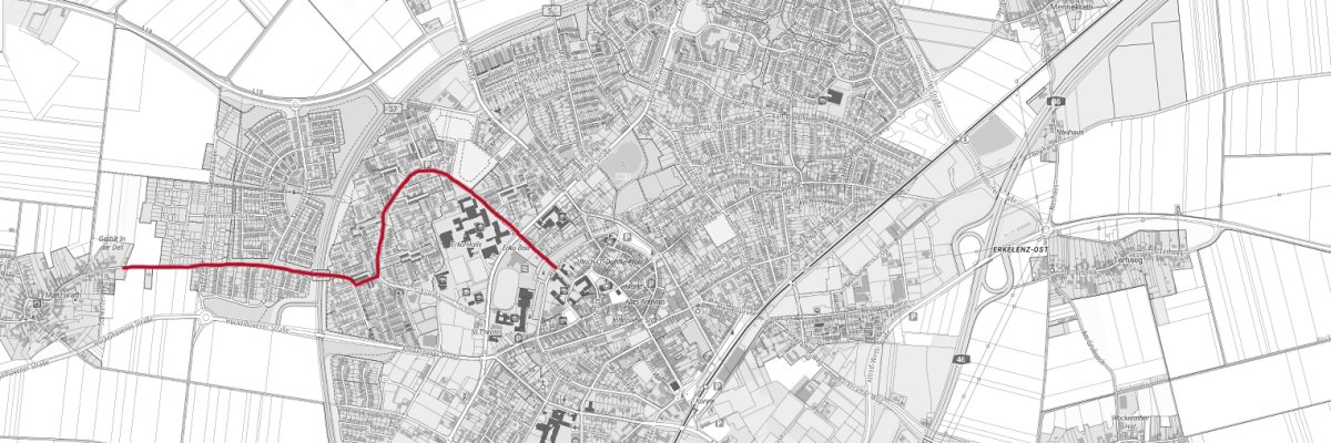Karte vom Stadtgebiet Erkelenz Nord mit eingezeichneter Radroute Nord