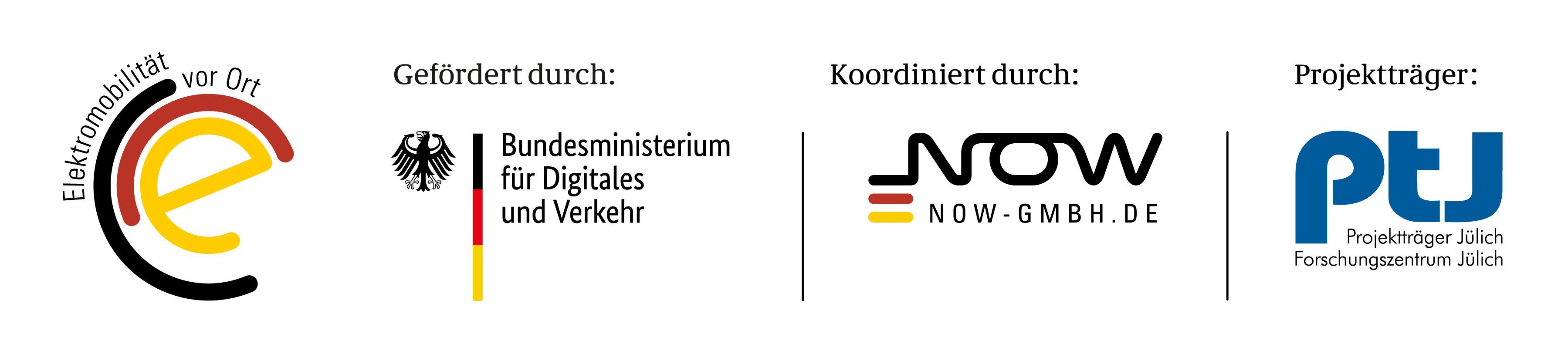 Collage der folgenden vier Logos: "Elektromobilität vor Ort", "Gefördert durch Bundesministerium für Digitales und Verkehr", "Koordinidert durch NOW-GmbH.de", "Projektträger Jülich: Forschungszentrum Jülich"