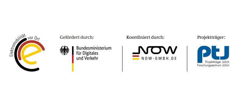 Collage der folgenden vier Logos: "Elektromobilität vor Ort", "Gefördert durch Bundesministerium für Digitales und Verkehr", "Koordinidert durch NOW-GmbH.de", "Projektträger Jülich: Forschungszentrum Jülich"